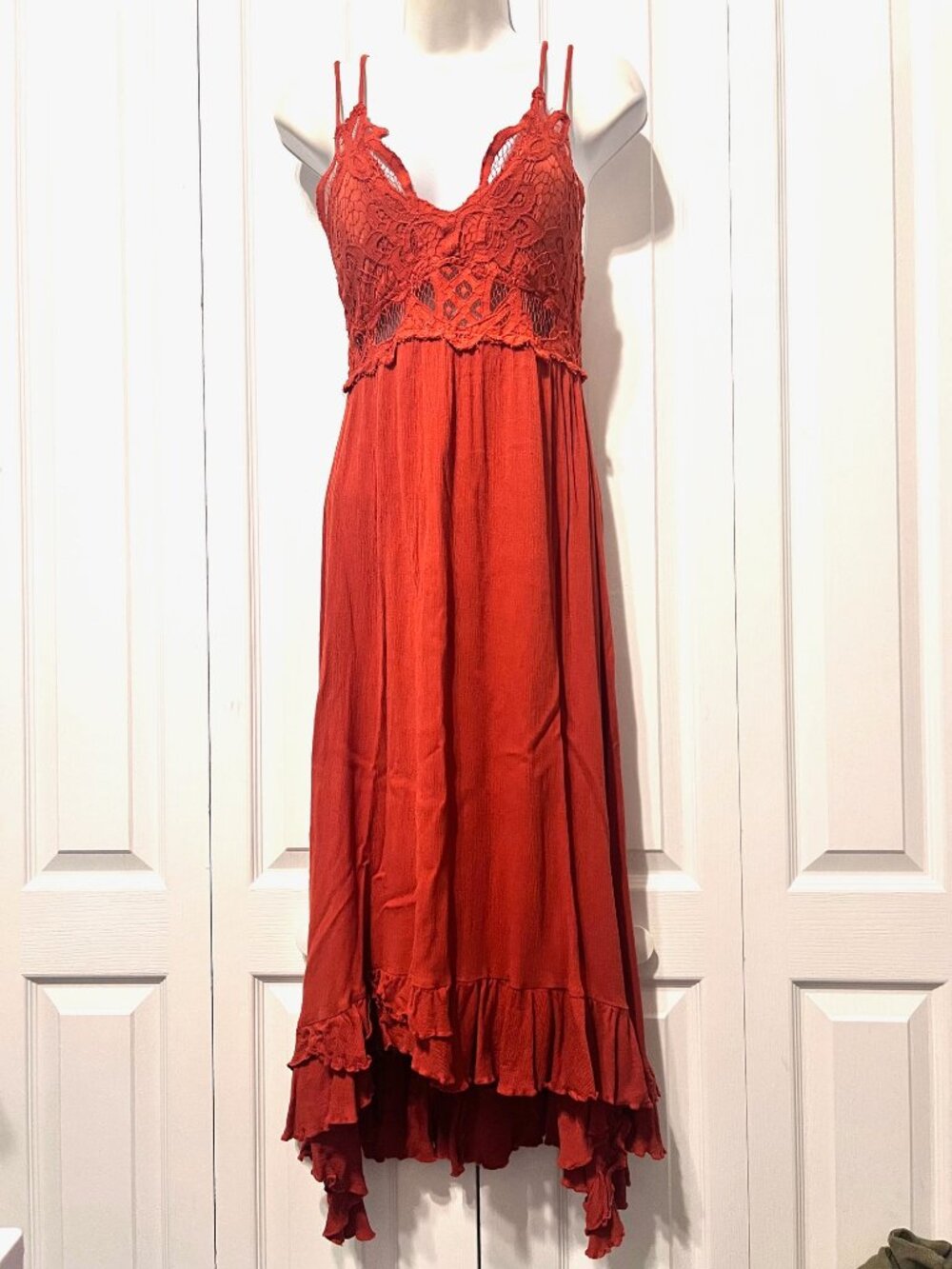 La Miel Ivy Bralette Lace Boho Ruffle Midi Flowy Dress-Small-Rust-Adjust. Strap